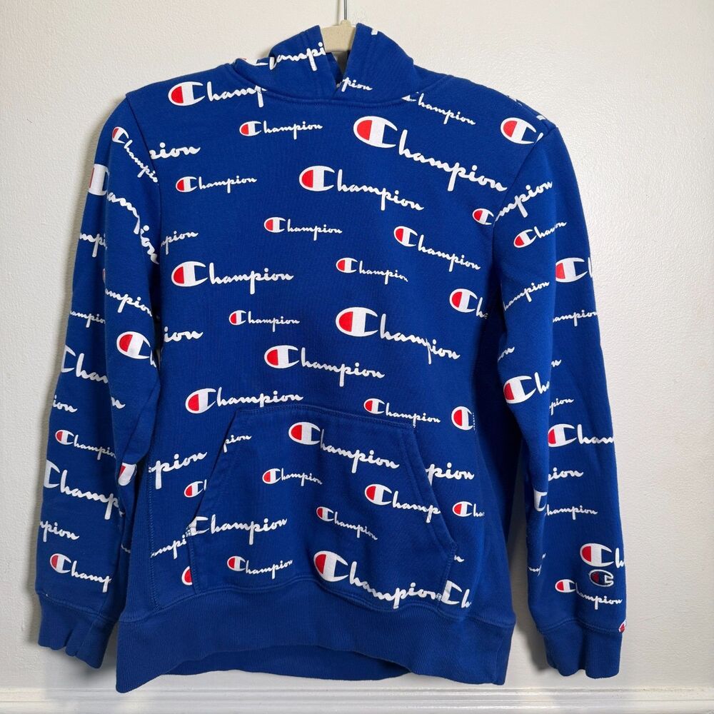 Champion All Over Logo Hoodie Blue Spellout Pullover Streetwear Large